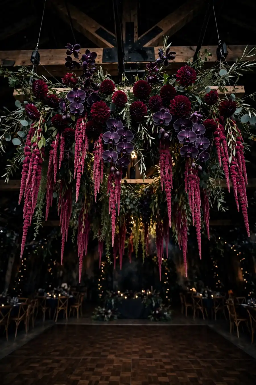 Hanging plum floral installation