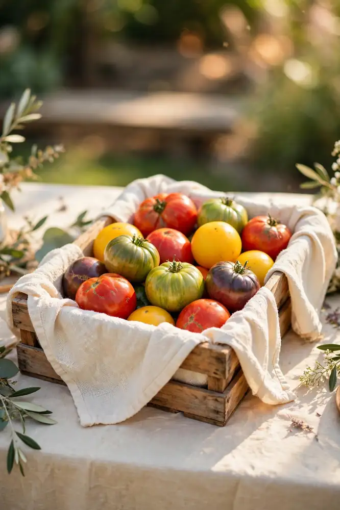 Heirloom tomatoes in a wooden crate