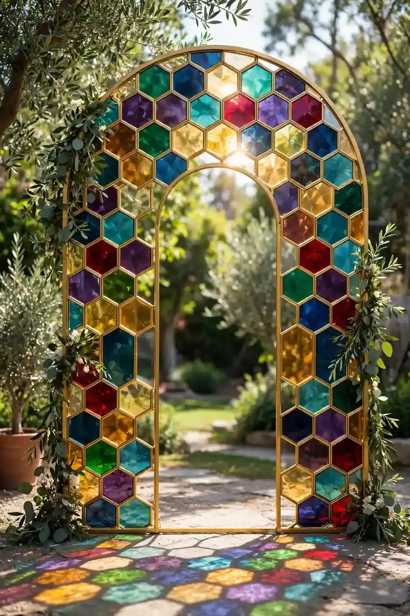Geometric hexagon stained glass wedding arch with gold-framed honeycomb panels