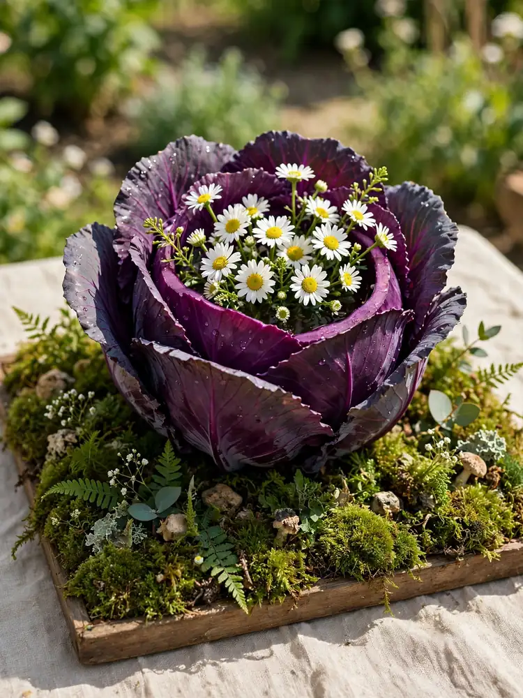 Purple cabbage used as a vase with daisies