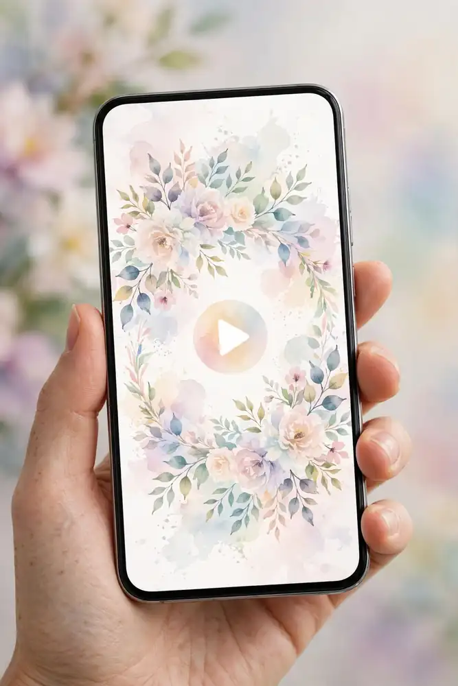 Smartphone showing abstract animated wedding invitation design with play button