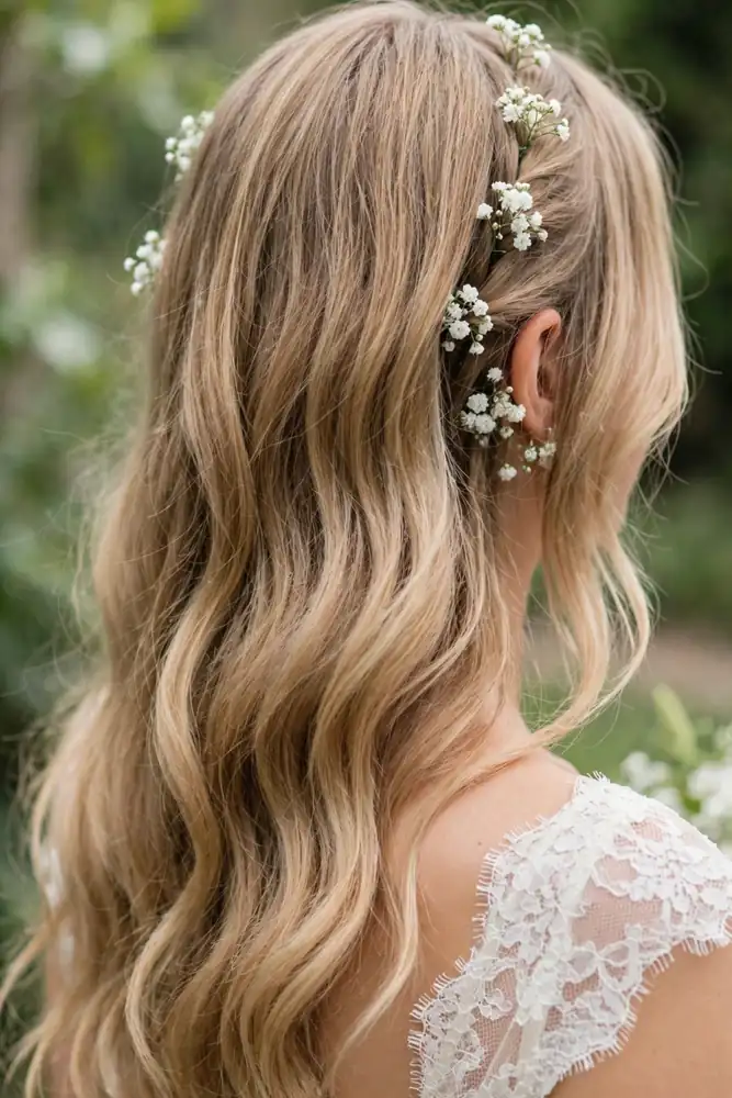 Loose bridal waves with baby's breath tucked along the part, back view