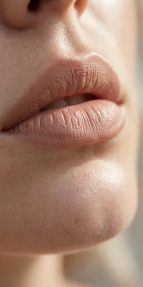 Close-up of lips with natural nude lipstick and glowing skin