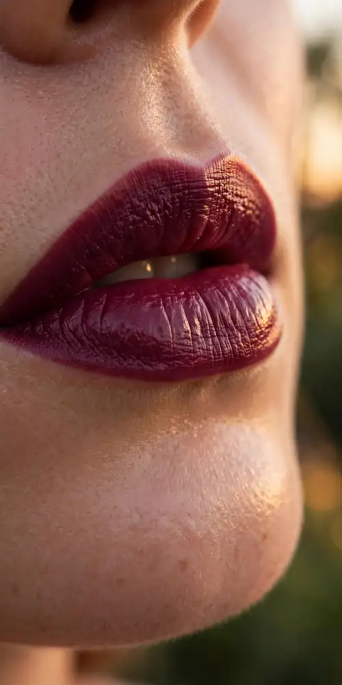 Close-up of lips with deep berry lipstick and glowing skin