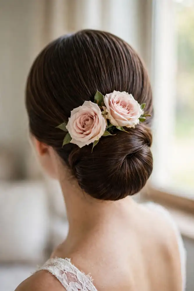 Low bridal bun with blush garden roses pinned above it, back view