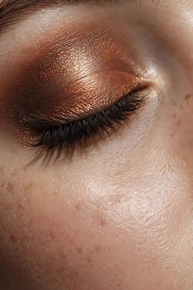 Close-up of closed eye with bronze and copper smoky eyeshadow