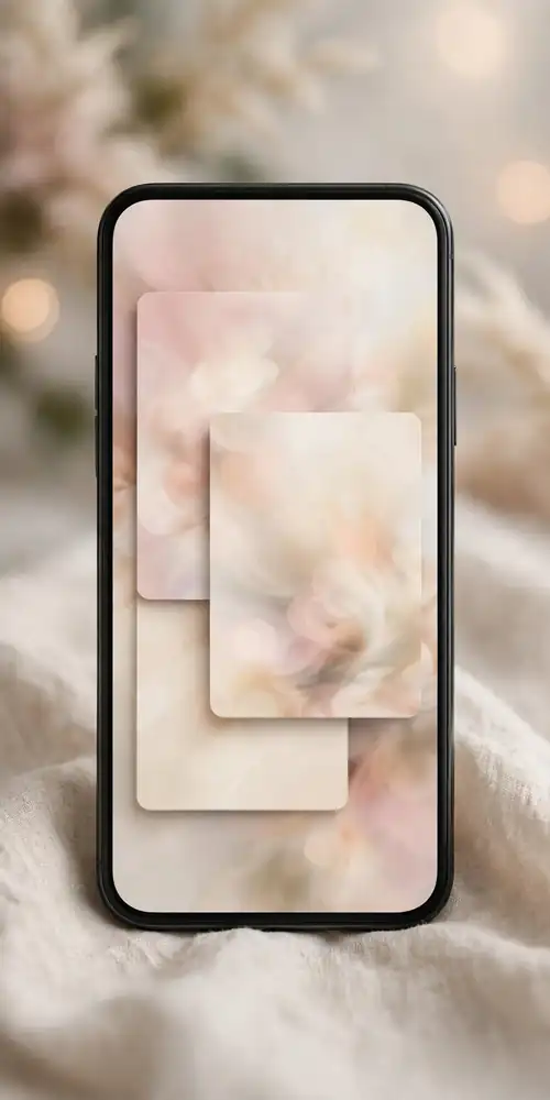 Smartphone showing overlapping abstract wedding photo story cards