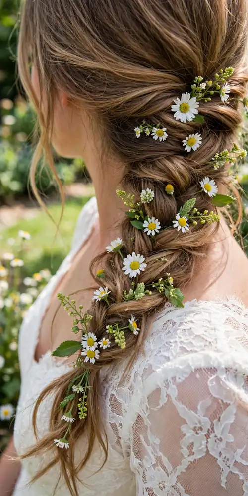 Loose side braid with daisies and chamomile woven through, back view