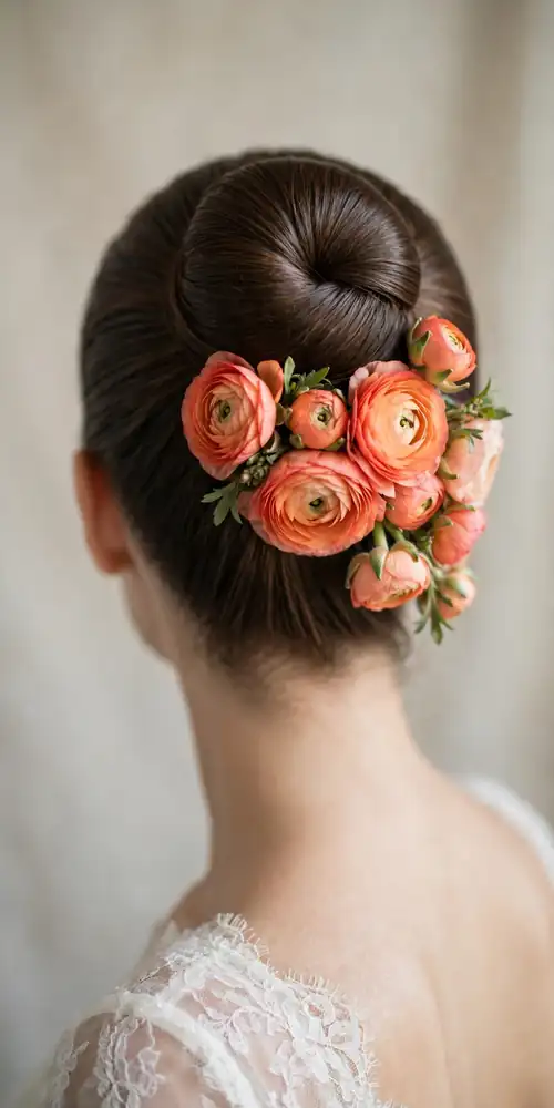 Sleek high bun with coral ranunculus cluster at its base, back view