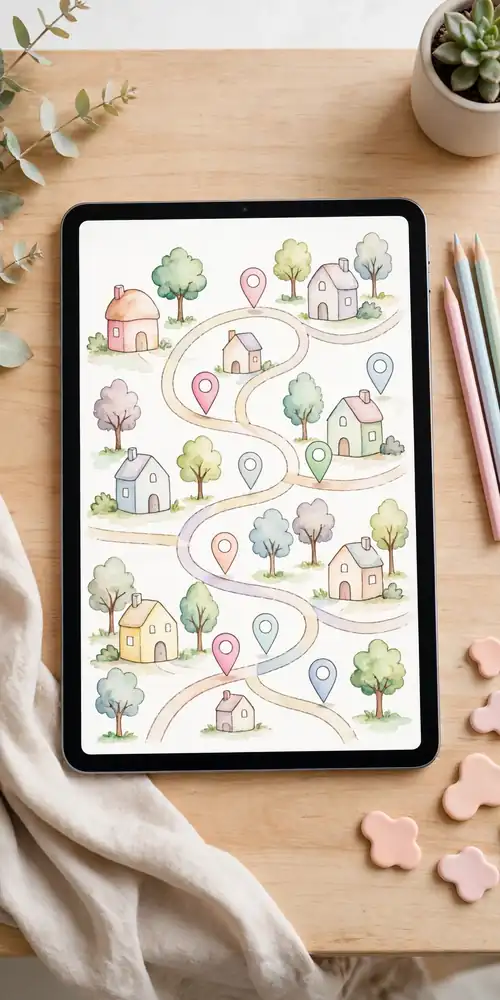 Tablet showing whimsical illustrated wedding map with tiny houses and trees