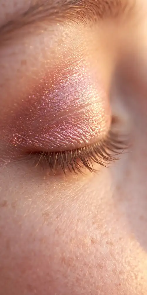 Close-up of closed eye with rose-gold shimmer eyeshadow
