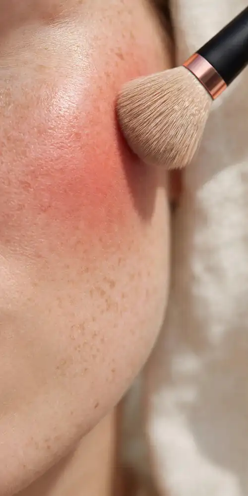 Close-up of cheek with coral blush and makeup brush on cheekbone