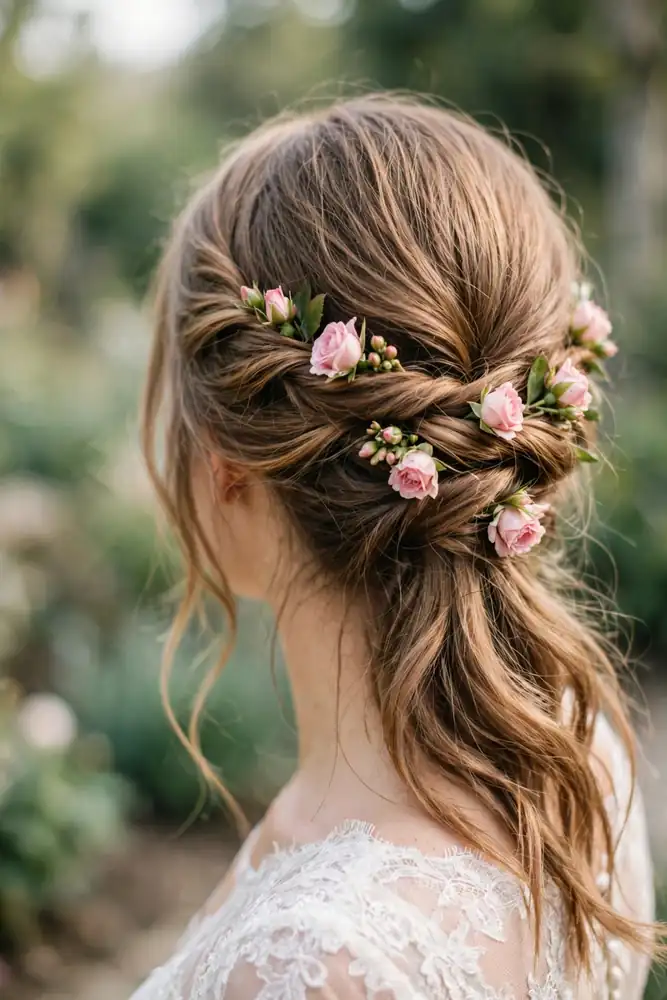 Half-up twisted bridal hair with pink spray roses along the twist, back view