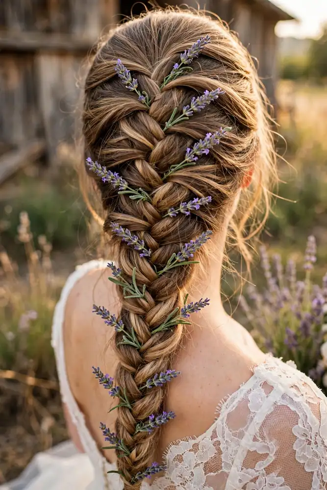 Long fishtail braid with fresh lavender sprigs tucked along it, back view