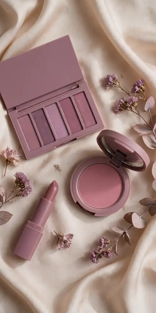Flat lay of mauve eyeshadow palette, lipstick and blush on silk
