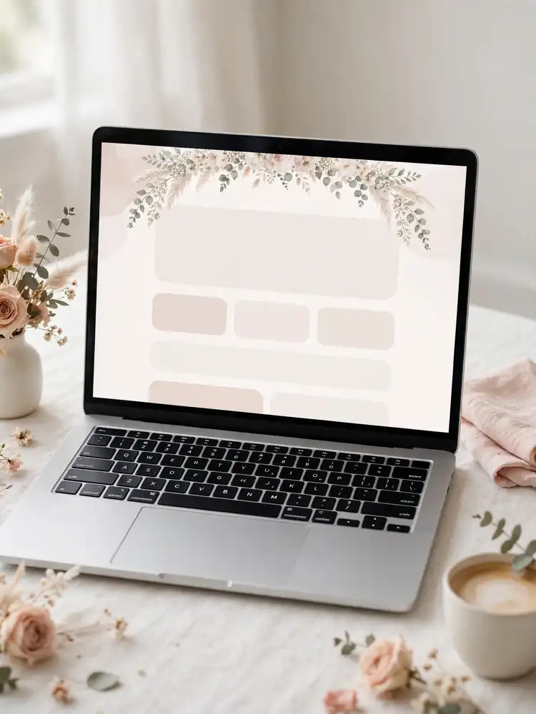 Laptop showing abstract wedding website one-pager layout design