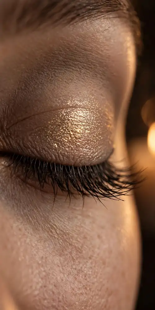 Close-up of closed eye with champagne-gold shimmer on the lid