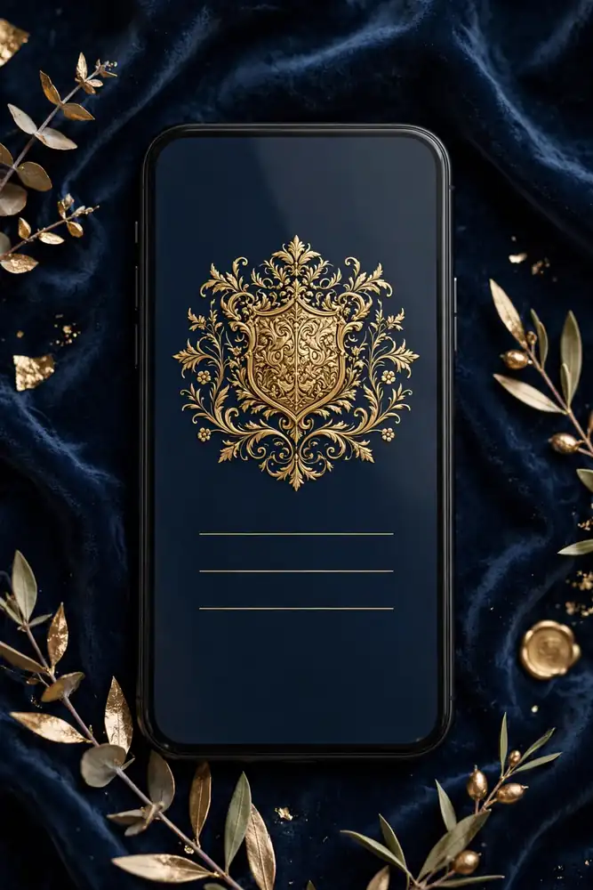 Smartphone showing formal abstract wedding card with gold crest emblem