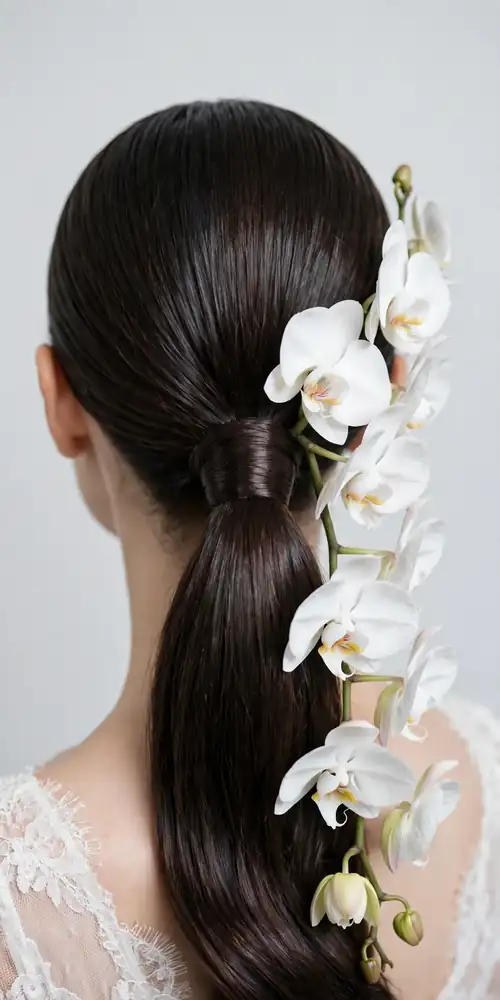 Sleek low ponytail with white phalaenopsis orchids cascading down, back view