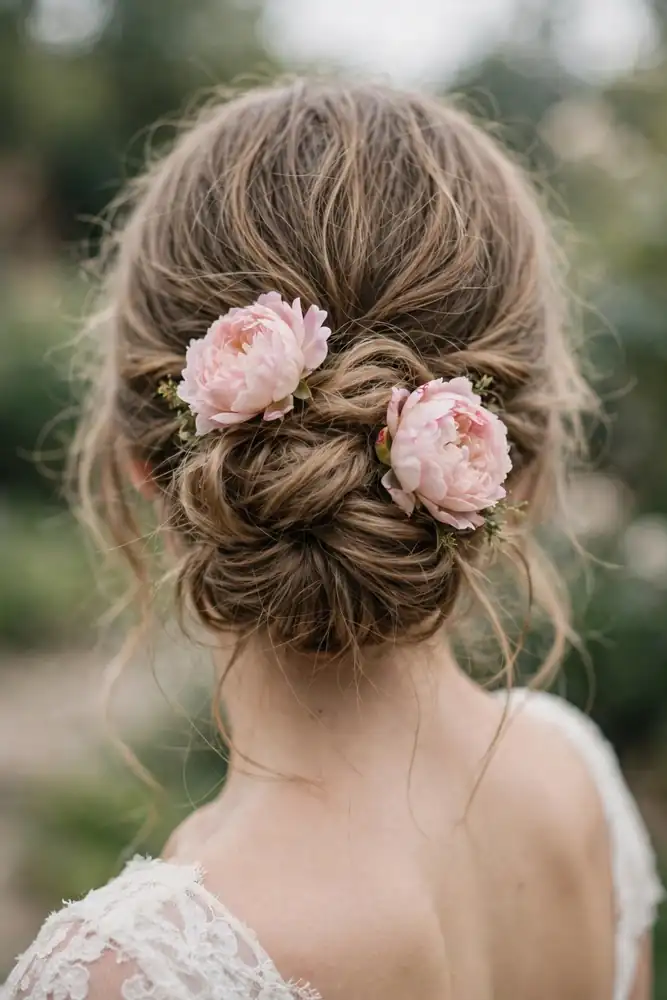 Soft undone chignon with blush peonies tucked into its folds, back view