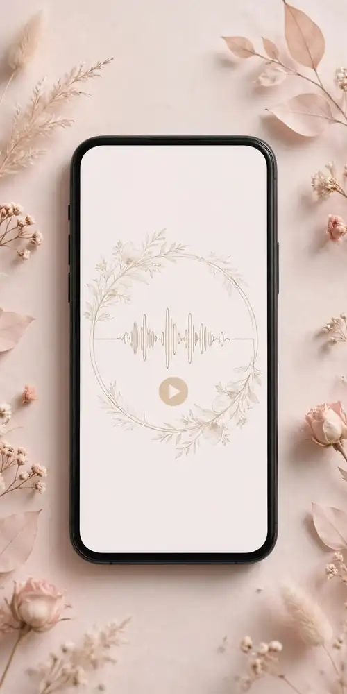 Smartphone showing abstract wedding card with audio waveform and play button