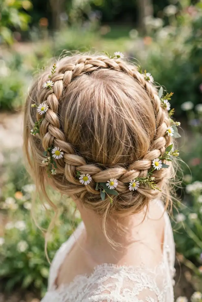 Crown braid wrapped around the head dotted with small daisies, back view