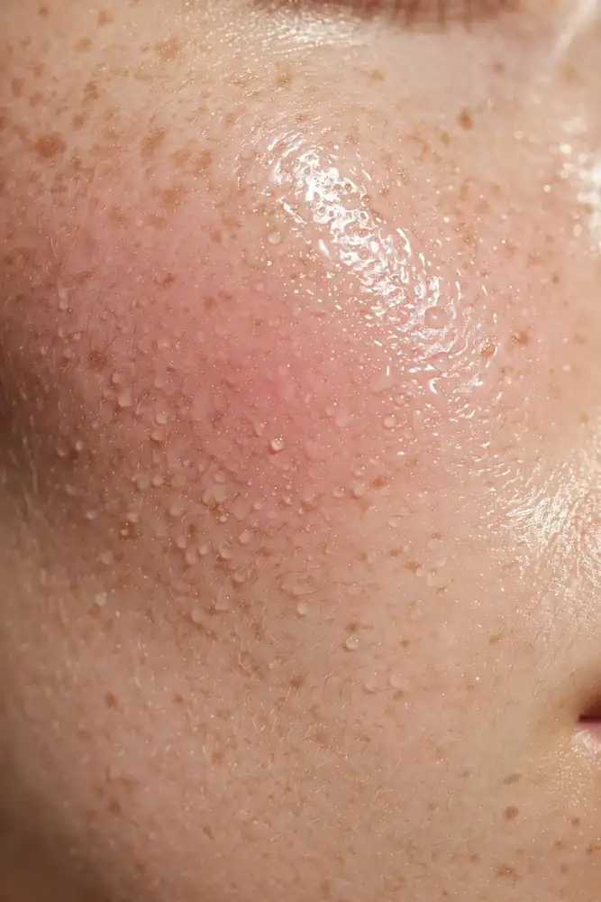 Close-up of dewy glowing cheek with liquid highlighter sheen