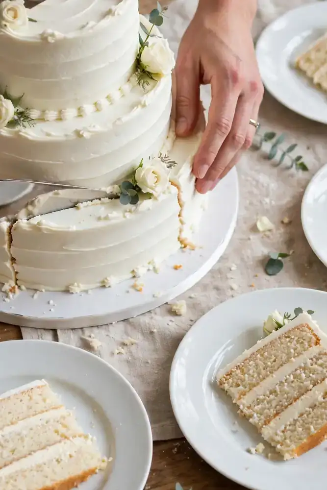 Wedding cake being sliced into servings on dessert plates