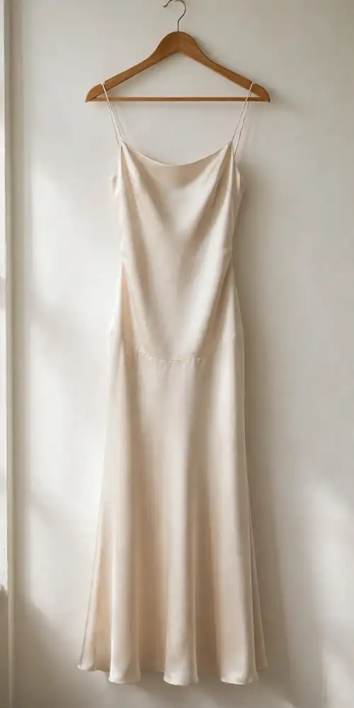 Champagne silk slip wedding dress with dropped waist on a hanger
