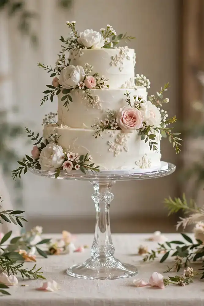 Wedding cake displayed on a tall glass pedestal stand