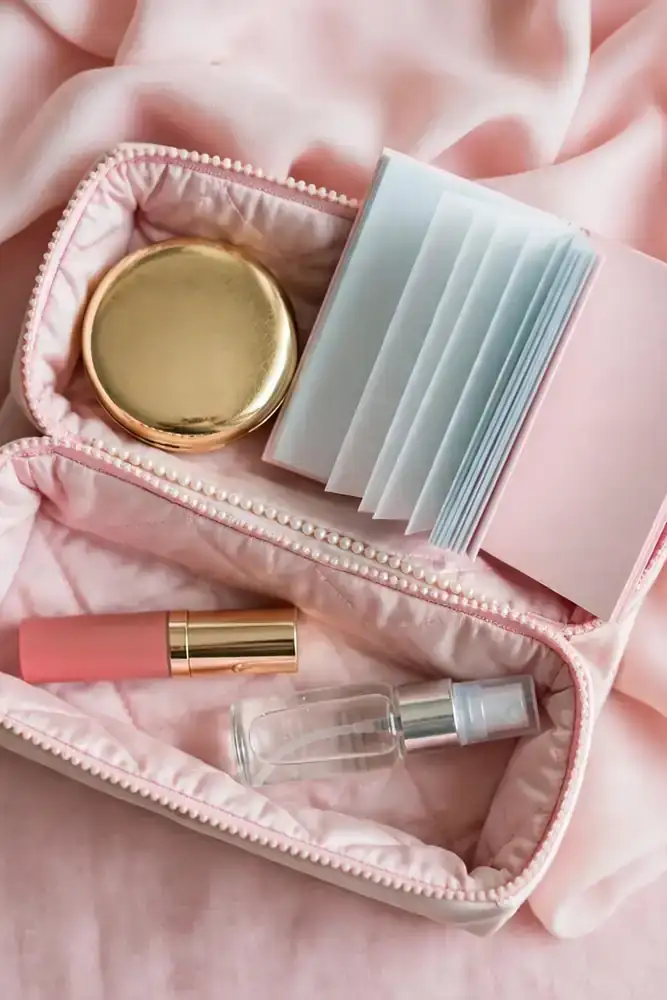 Open bridal clutch with powder, blotting papers and lipstick