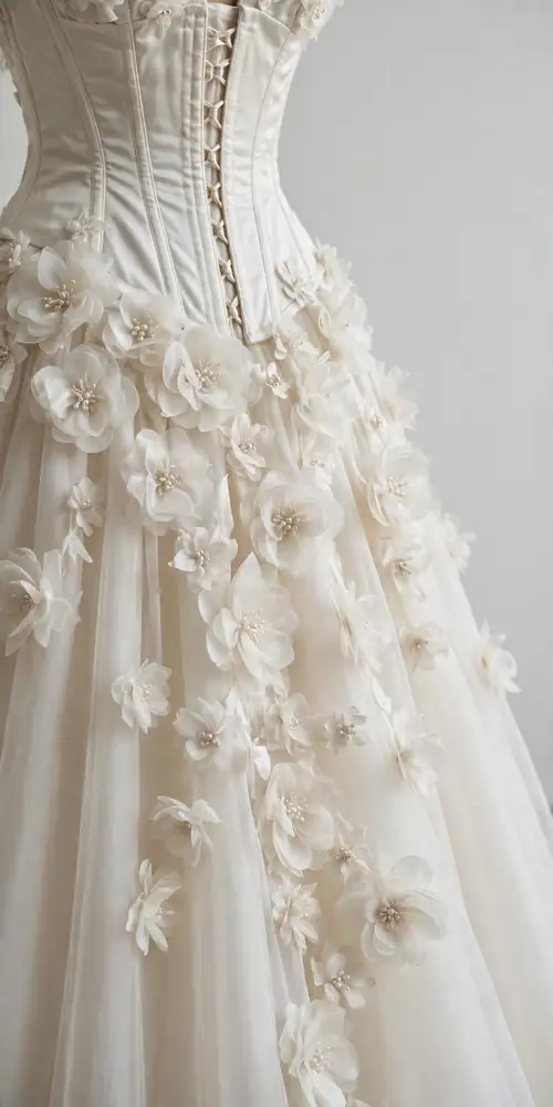 Drop waist wedding gown with 3D floral appliques close-up
