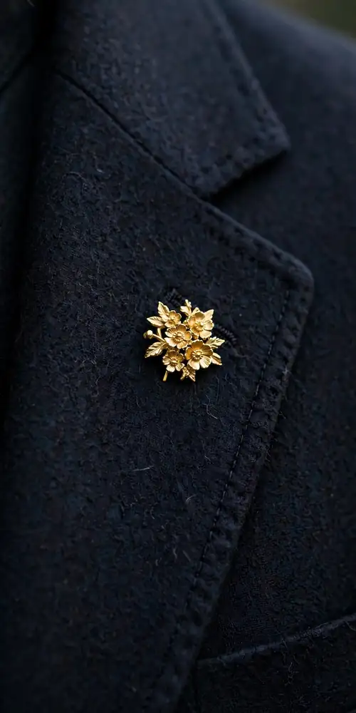 Small gold floral lapel pin on a dark suit lapel