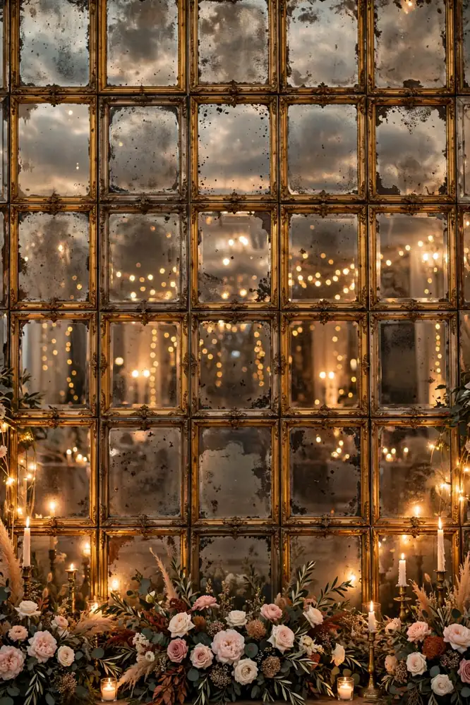 Antique mirrored panel wall with cloudy foxed finish