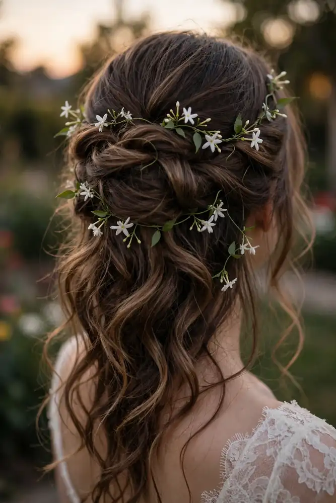 Half-up romantic curls with jasmine vine blooms at the crown, back view