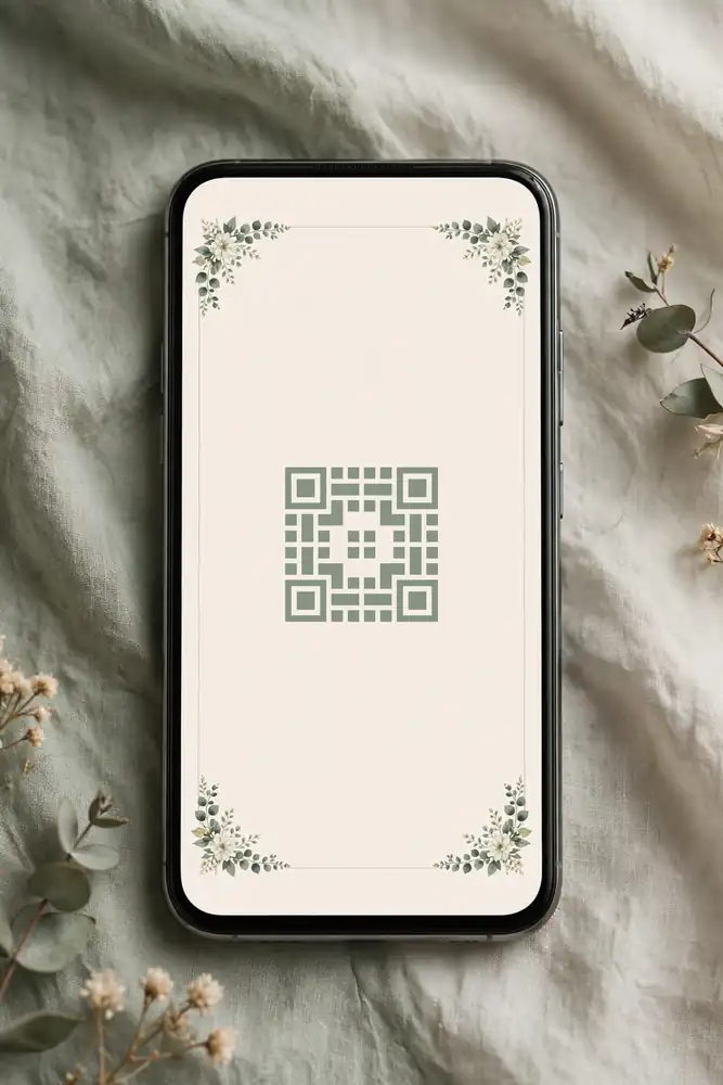 Smartphone showing abstract wedding card with decorative QR-style pattern