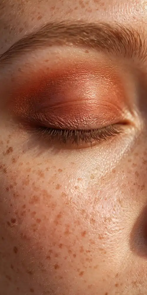 Close-up of closed eye with warm terracotta eyeshadow in the crease