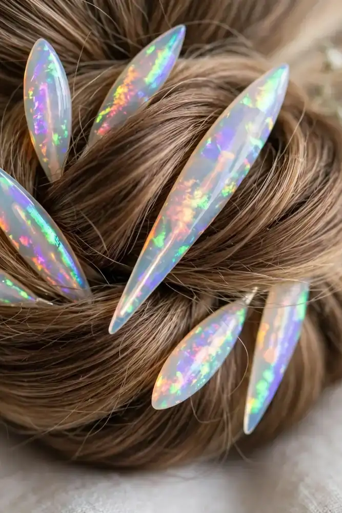 Bridal bun decorated with iridescent opalite hair pins