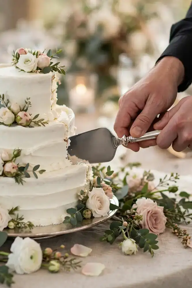 Server cutting a wedding cake at a reception