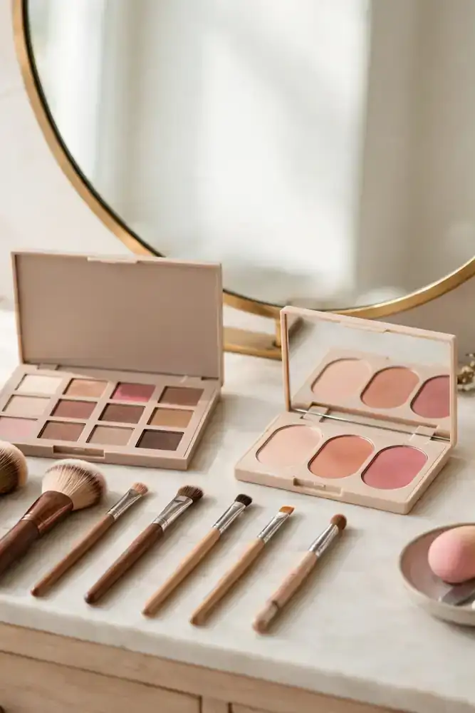 Makeup brushes and palettes arranged on a vanity before a mirror