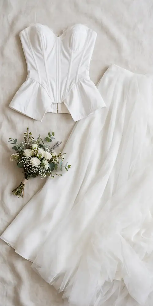 Two-piece bridal set with corset top and skirt flat lay