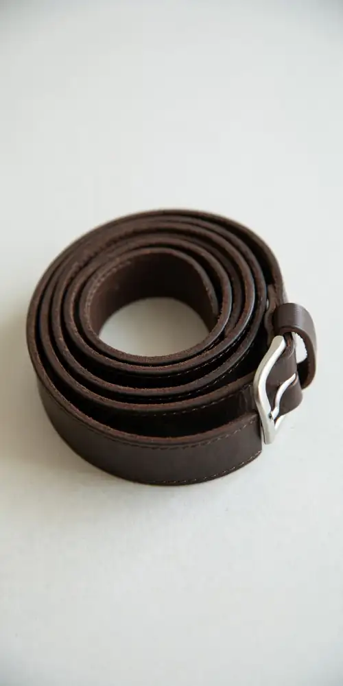 Dark brown leather belt with flat silver buckle coiled