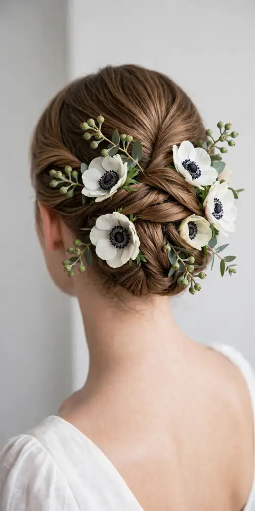 Twisted updo with white anemones and seeded eucalyptus, back view