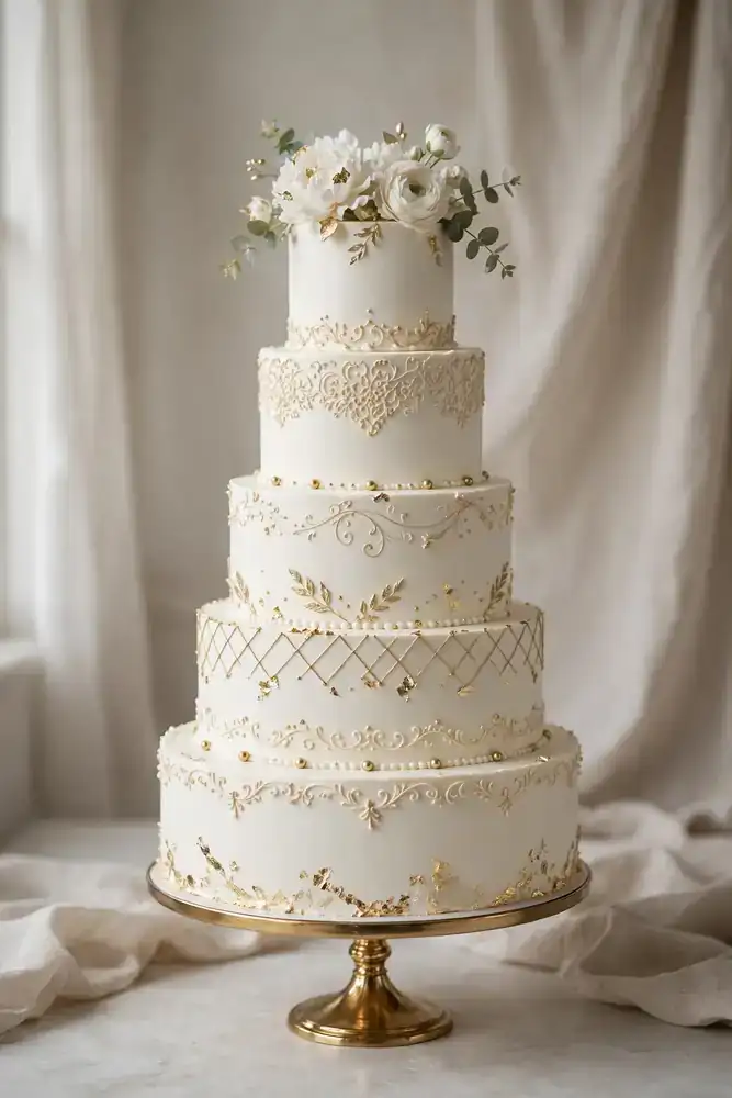 Tall five-tier white wedding cake with gold details