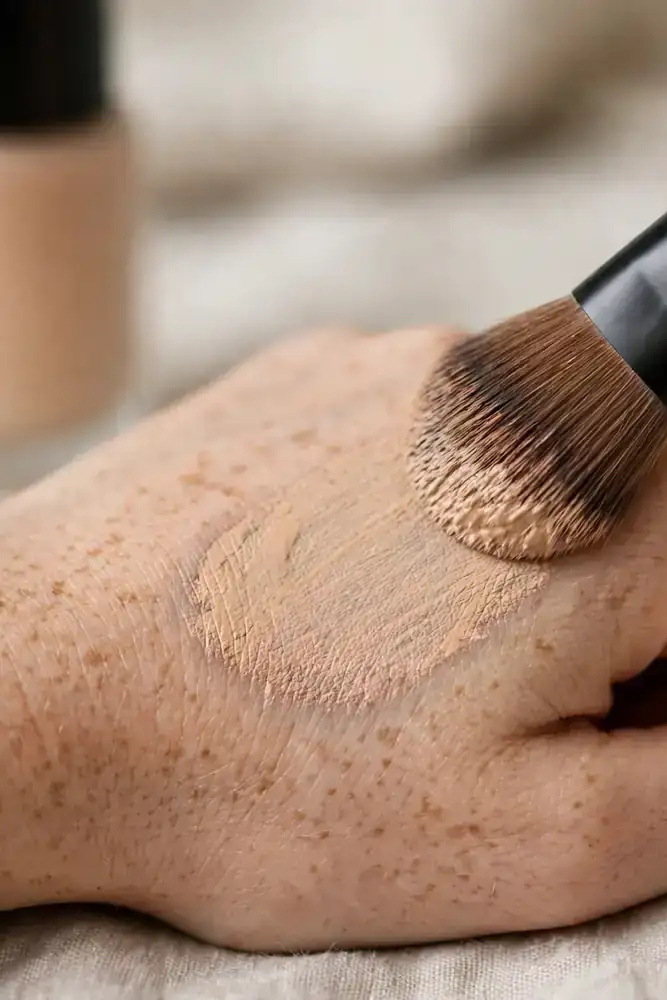 Makeup brush blending matte foundation swatch on back of hand