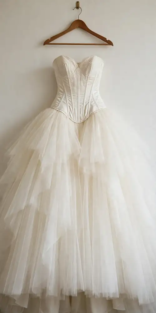 Ivory corset ball gown with drop waist and tulle skirt on a hanger