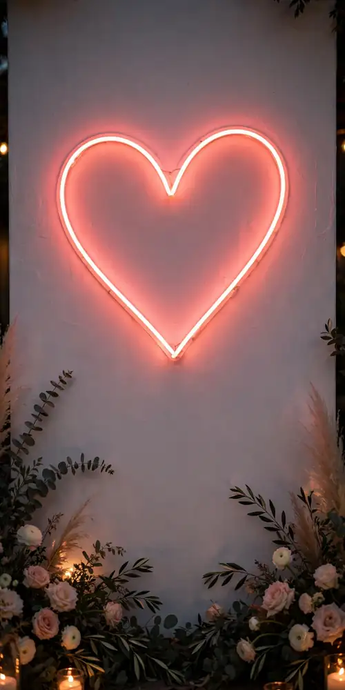 Glowing pink neon heart sign on a white wall