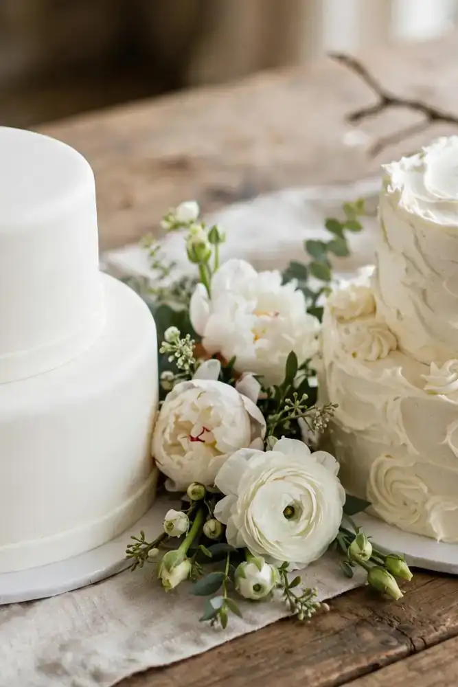 Smooth fondant and textured buttercream wedding cakes side by side