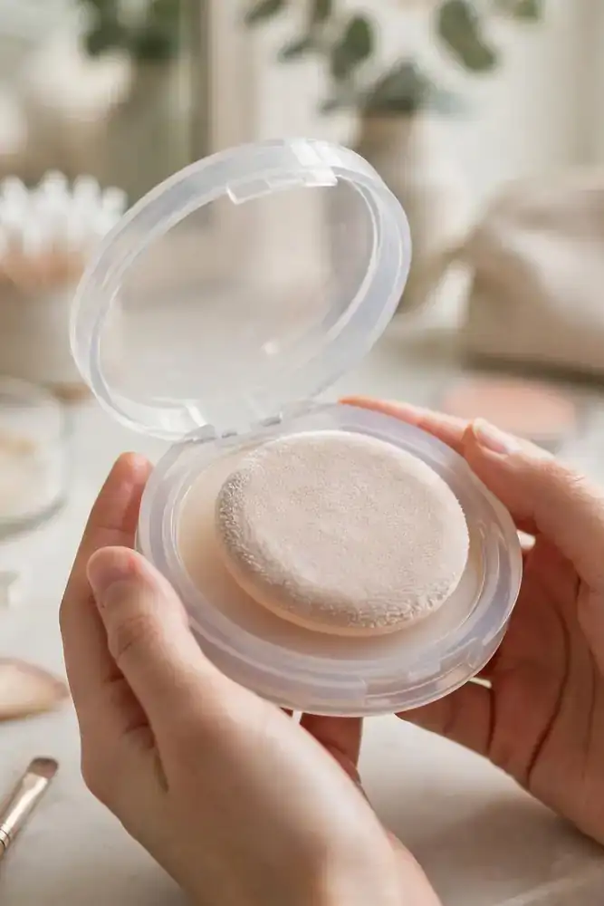 Hands holding translucent powder compact with velour puff