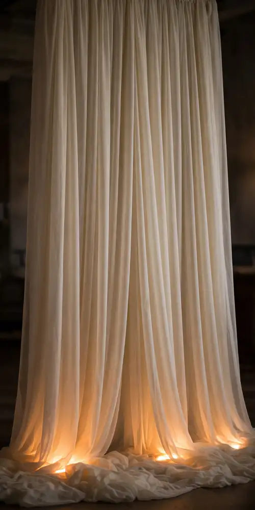 Ivory chiffon draped fabric backdrop with warm uplighting